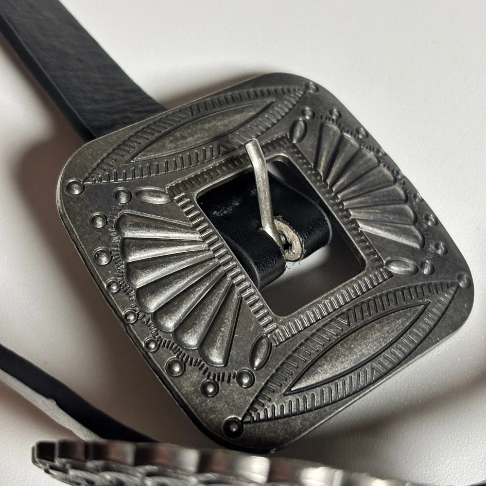 Womens Concho Belt Lrg Black Faux Leather Silver Tone Western Festival Boho Edgy